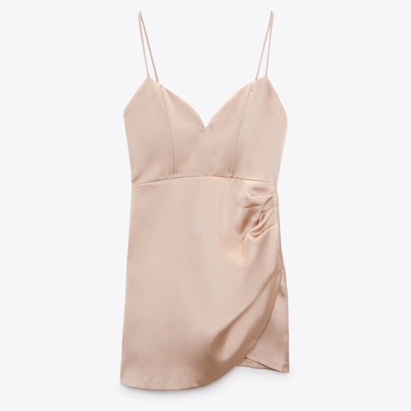 NWT BEIGE PINK SATIN EFFECT MINI DRESS. - Picture 1 of 13